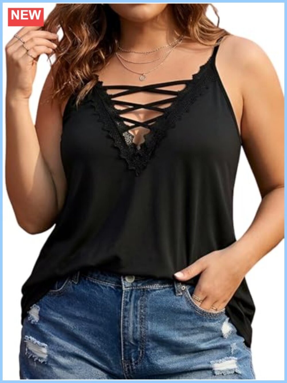 Plus Size Lace Trim Tank Top V Neck Sleeveless Crisscross Casual